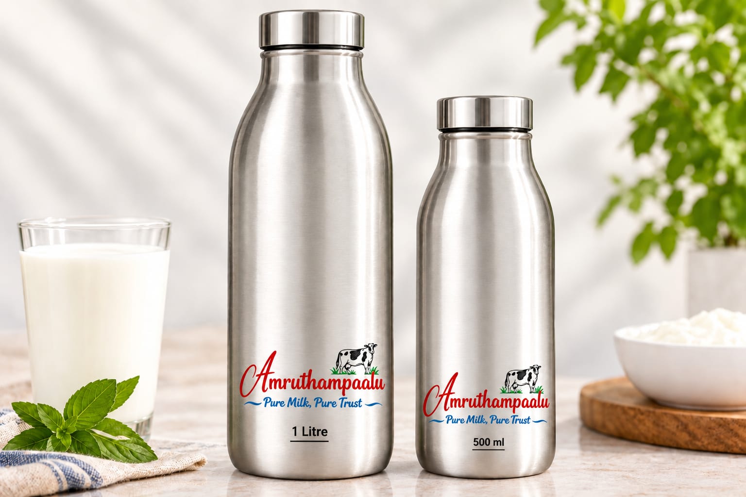Reusable stainless steel bottle for Amruthampaalu milk